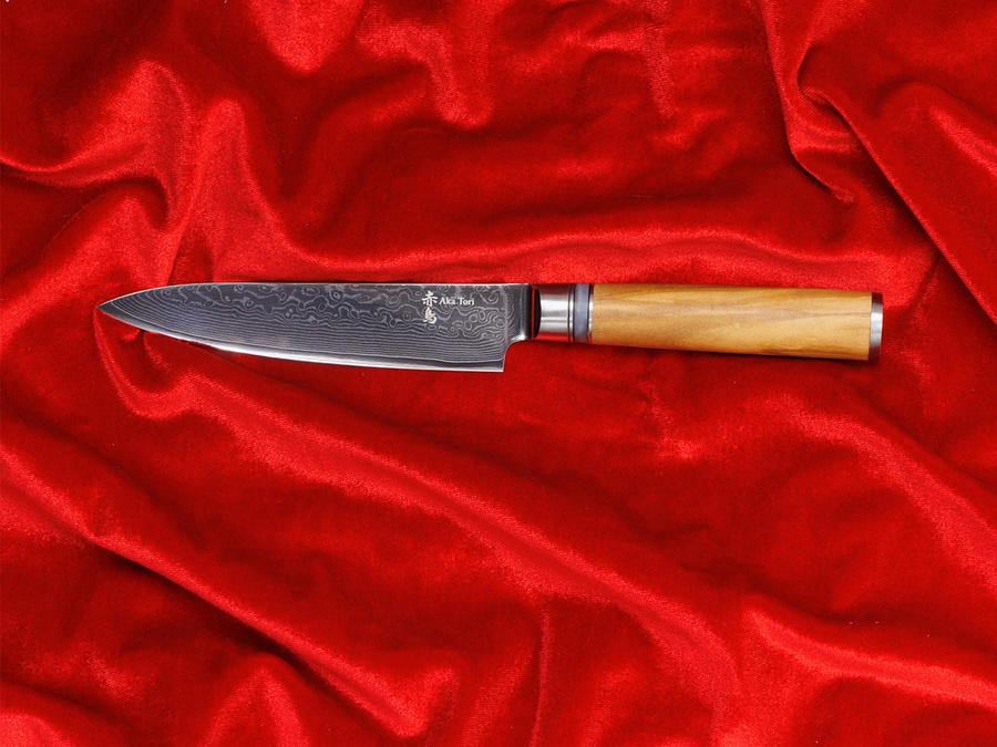 Nóż uniwersalny Aka Tori ze stali damasceńskiej 5" - Kyoto Olive