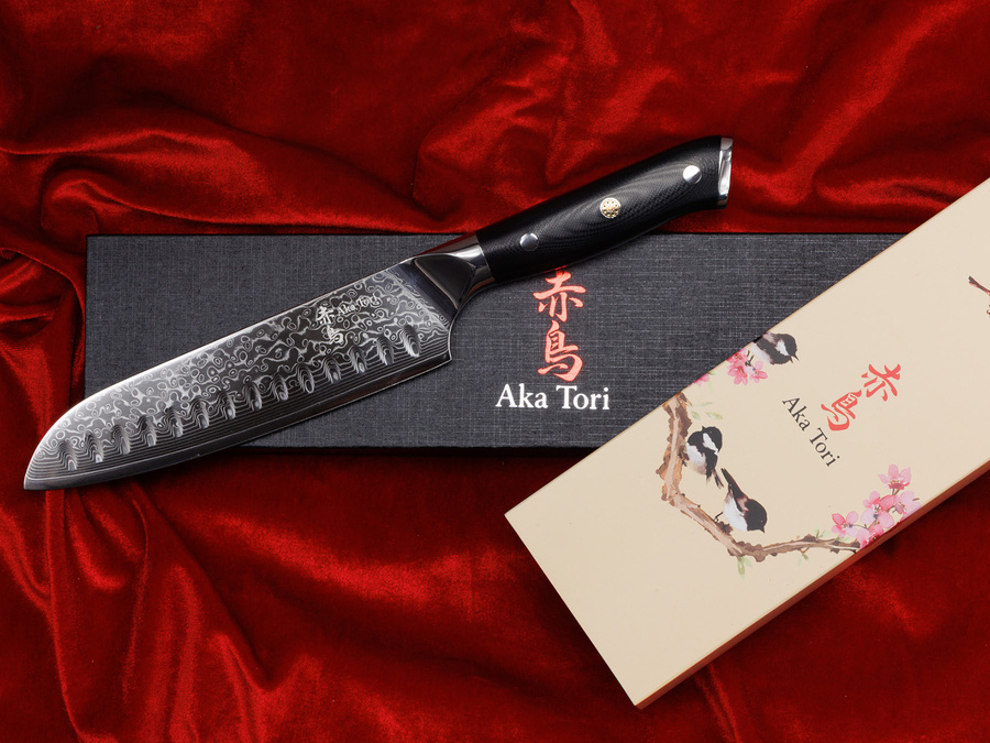 Nóż Santoku Aka Tori ze stali damasceńskiej 7" - Osaka Pro