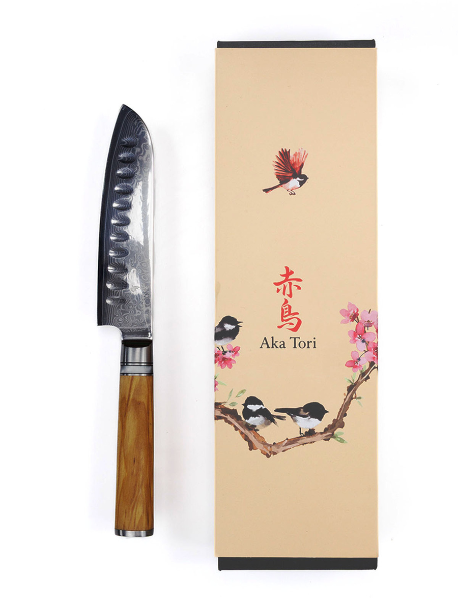Nóż Santoku Aka Tori ze stali damasceńskiej 5" - Kyoto Olive