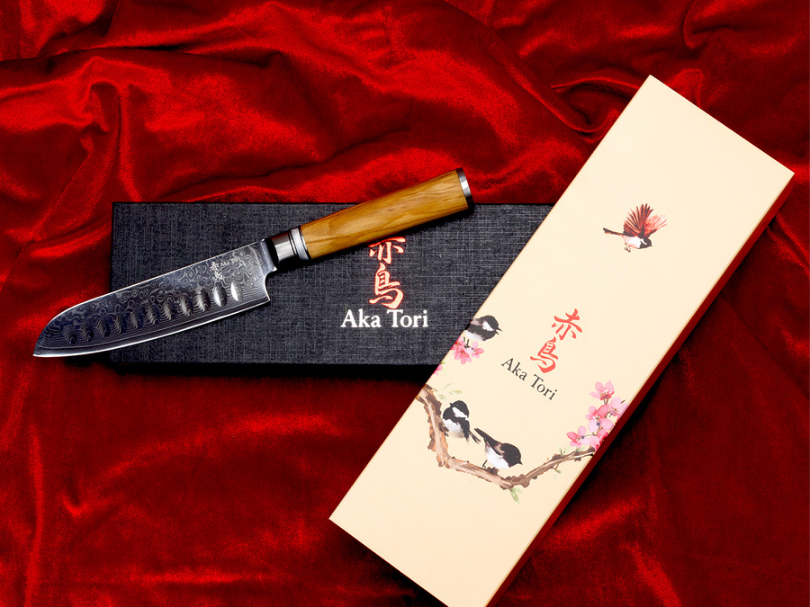 Nóż Santoku Aka Tori ze stali damasceńskiej 5" - Kyoto Olive