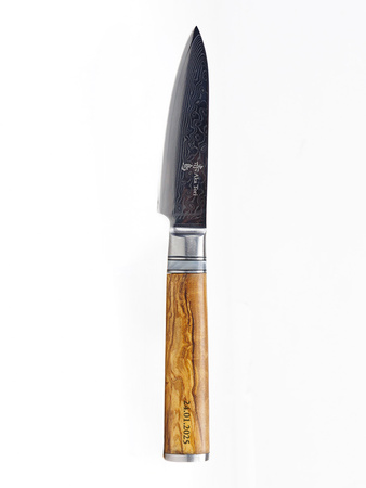 Nóż do obierania z grawerem Aka Tori ze stali damasceńskiej 3,5" - Kyoto Olive