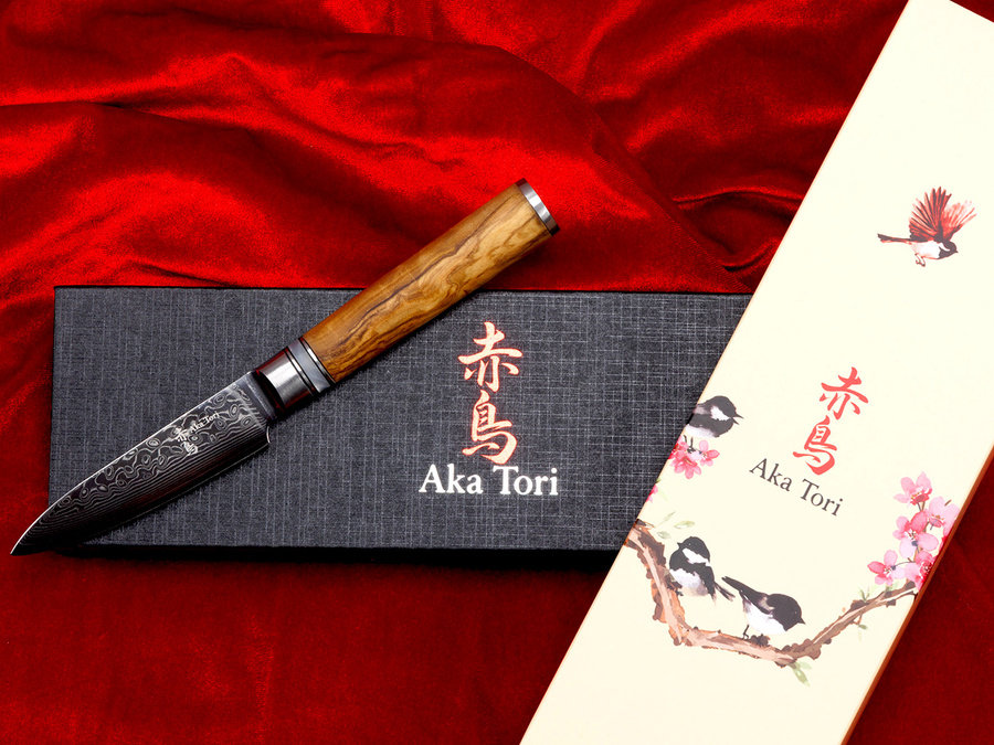 Nóż do obierania Aka Tori ze stali damasceńskiej 3,5" - Kyoto Olive