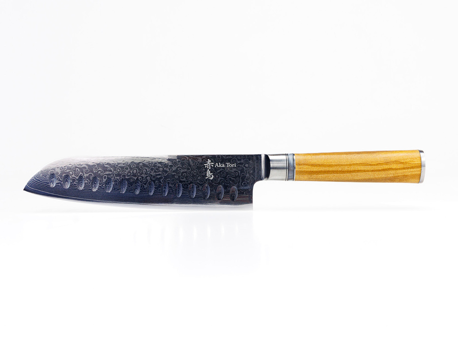 Nóż Santoku Aka Tori ze stali damasceńskiej 7" - Kyoto Olive
